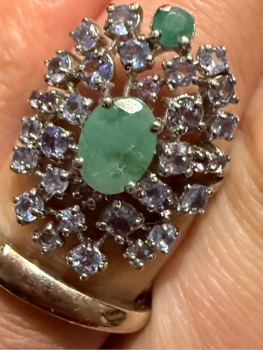 Natural Tanzanite & Emerald 925 with white gold Ring Sz 7 1/2